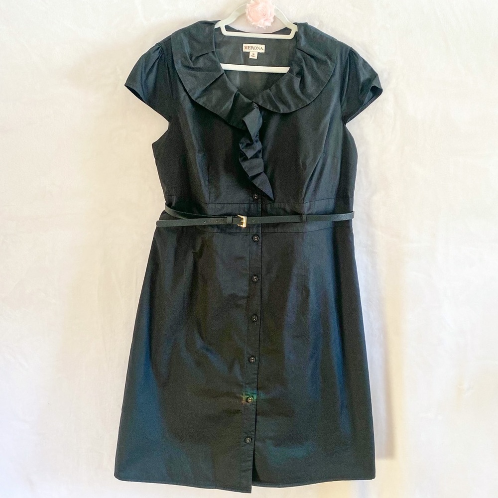 Merona Button Down Knee Length Dress, Ruffles, Belt, Cap Sleeves, Black, 16
